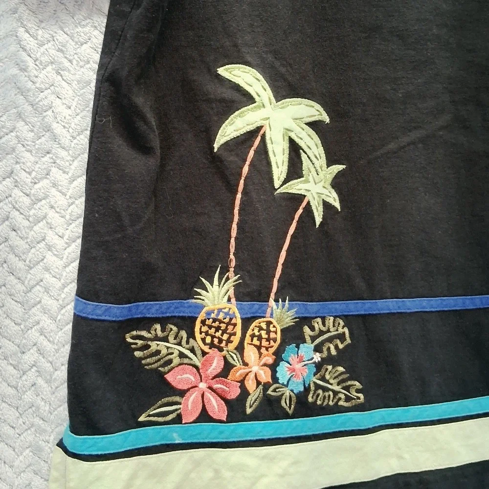 Fine Line Black Tropical Embroidered Cotton Top and Crop Pants Set Made in USA L